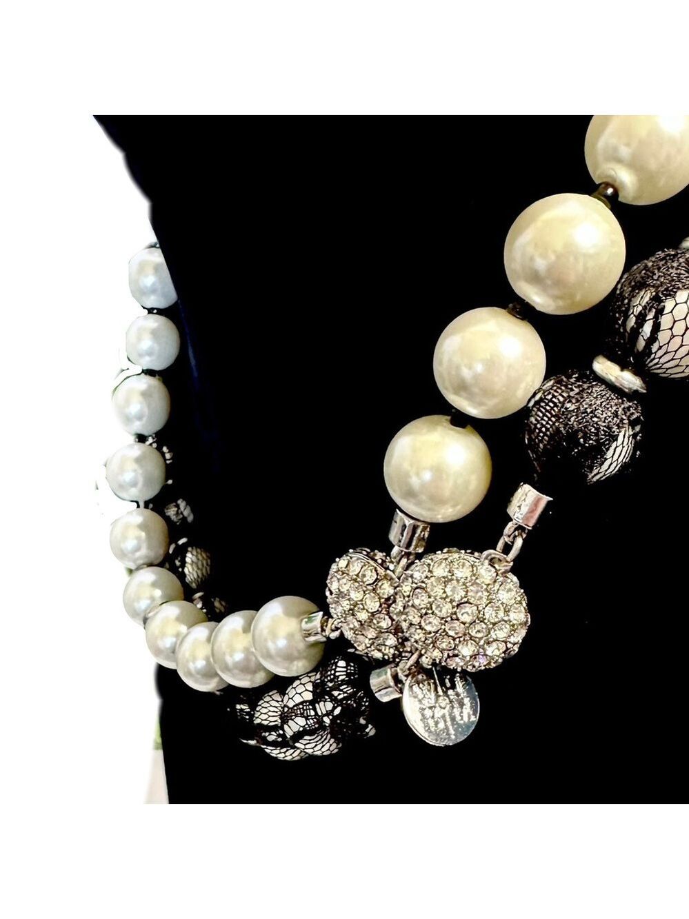 WHBM **2 necklaces in 1** Long Black Lace Wrapped Pearl Necklace - Picture 15 of 16
